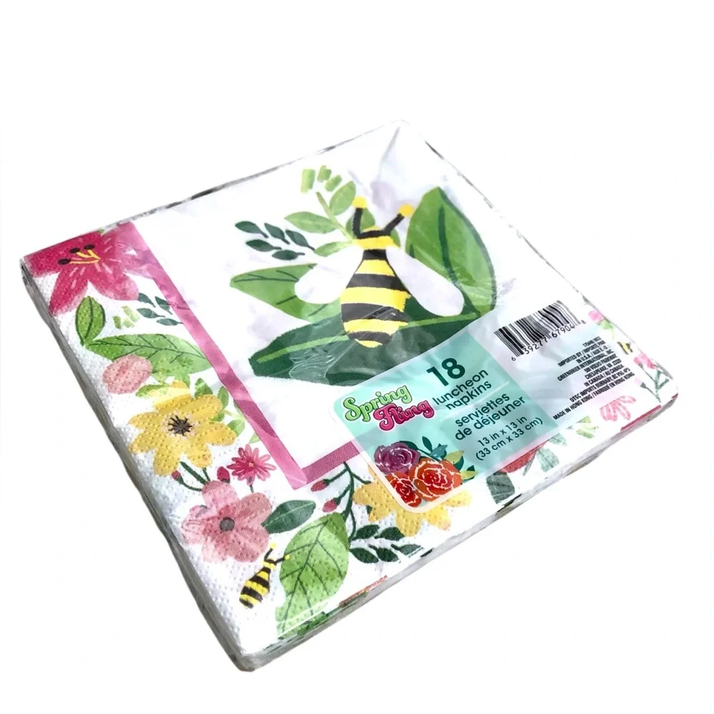 Spring Fling Pink Floral Bee 2-ply Luncheon Napkin, 18 ct